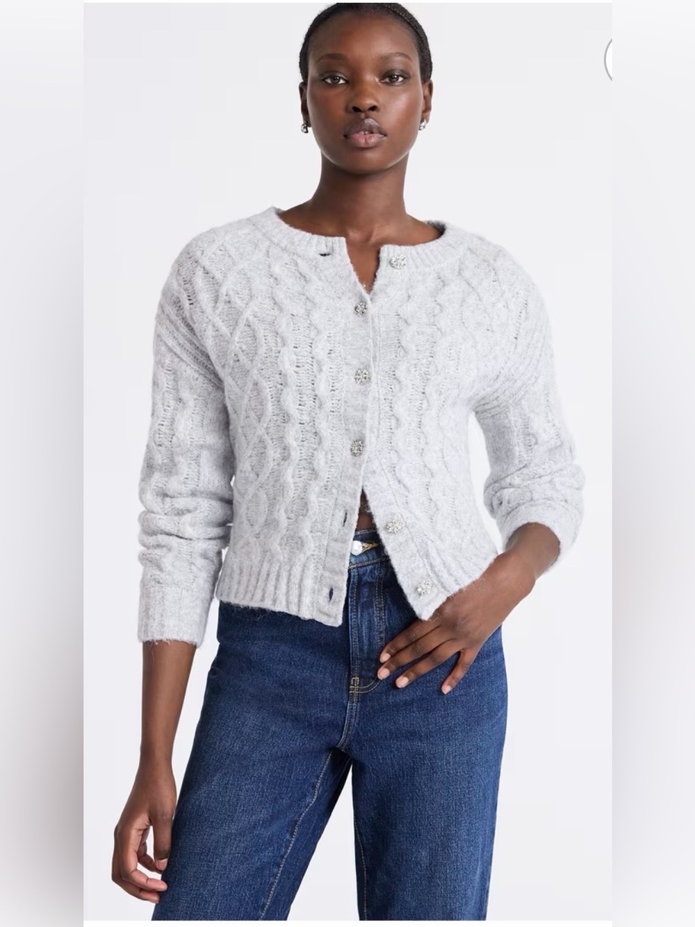 A589 Free Assembly Women's Crewneck Gray Cable-Knit Button Cardigan Sweater NWT